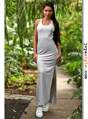 Slit Shoulder Strap Cotton Acrylic Long Dress Light Gray