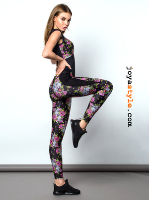 Floral Corset and Mesh Fitness Pilates Yoga | Jumpsuit Leggings