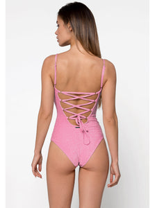 Lurex Sparkling Pink Backless Swimsuit