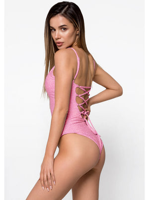 Lurex Sparkling Pink Backless Swimsuit