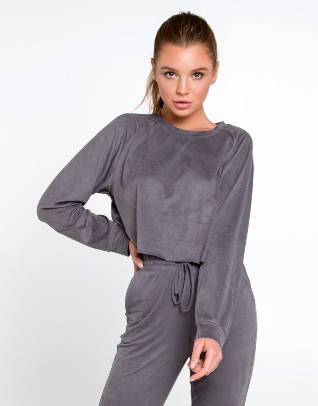 Joya Faux Suede Womens Gray Jumper Tracksuit Top
